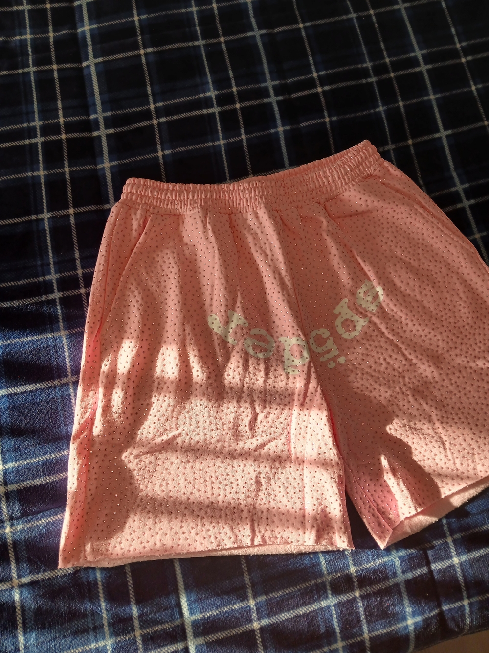 Sp5der Pink Rhinestone Shorts - Picture 2 of 5